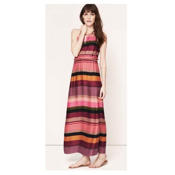 LOFT ANN TAYLOR Maxi Dress Size 8 Stripes Block Colorful Halter Tie Neck Casual - Picture 1 of 16